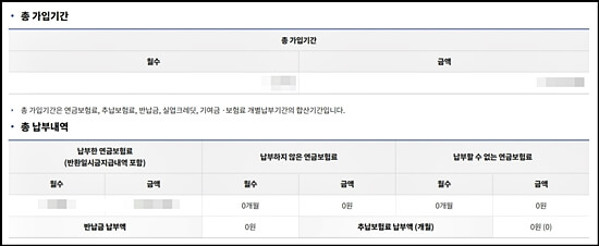 국민연금 총 가입기간 및 납부내역이 나온 화면 이미지