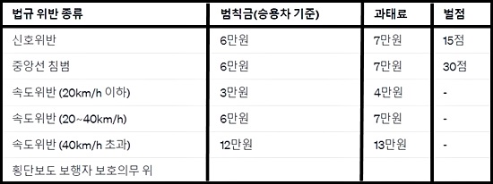 교통법규위반 과태료, 범칙금, 벌점 기준 이미지